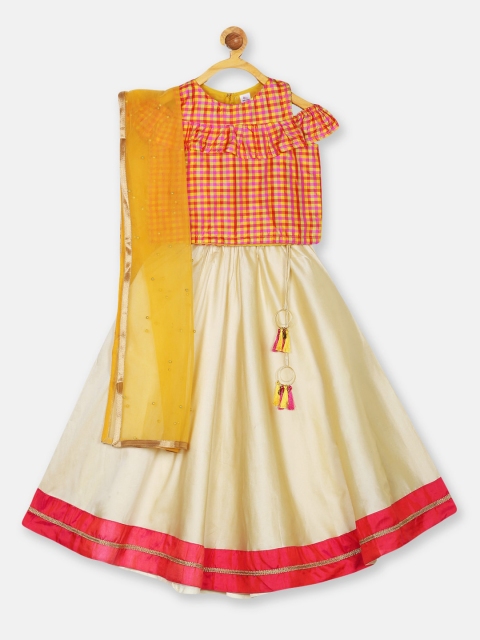 

Meringue Girls Yellow & Beige Checked Ready To Wear Lehenga Choli With Dupatta