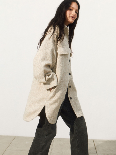 

H&M Women Beige Long Shirt Jacket