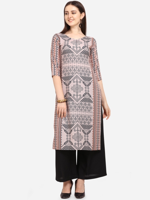 

PURVAJA Women Pink & Black Printed Straight Kurta