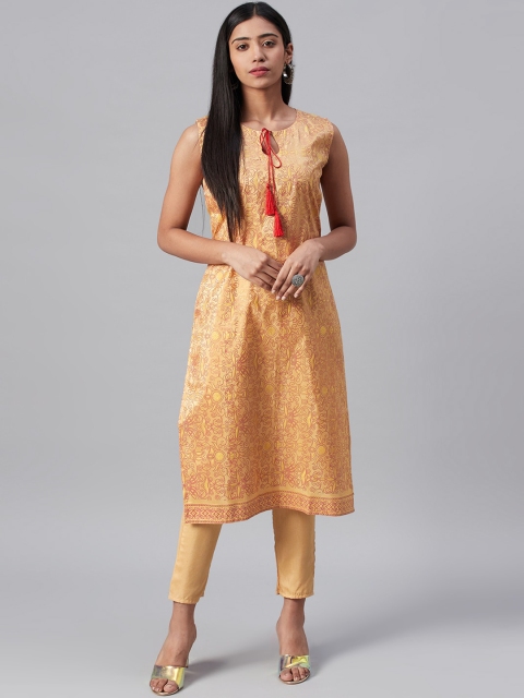 

ZIYAA Women Beige Foil Printed Straight Kurta