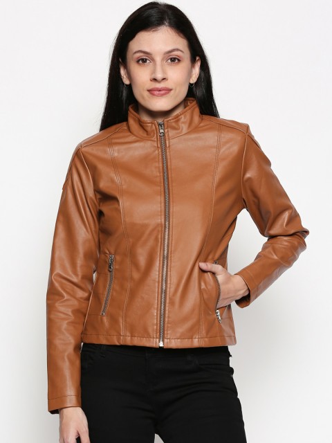 

People Women Brown Solid Biker Jacket
