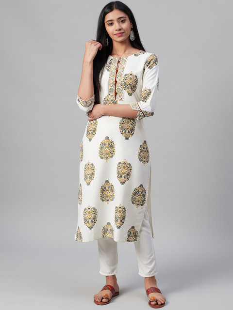 

ZIYAA Women Off-White Printed Straight Kurta