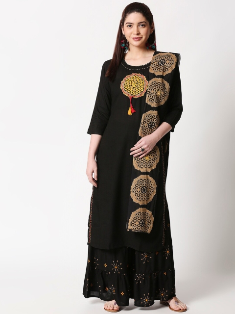 

ZRI Women Black Solid Thread Work Ornamented Kurta with Printed Palazzos & Dupatta