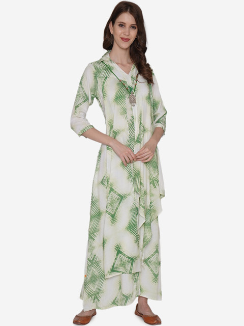 

Vedic Women White & Green Printed Straight Kurta