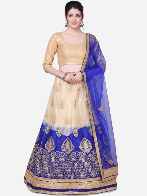 

Mitera Women Blue & Gold-Coloured Embroidered Semi-Stitched Lehenga & Unstitched Blouse With Dupatta