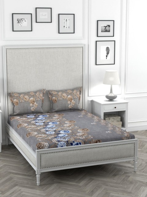 

STELLAR HOME Grey & Blue Floral Printed Cotton Double King Bedsheet With 2 Pillow Covers