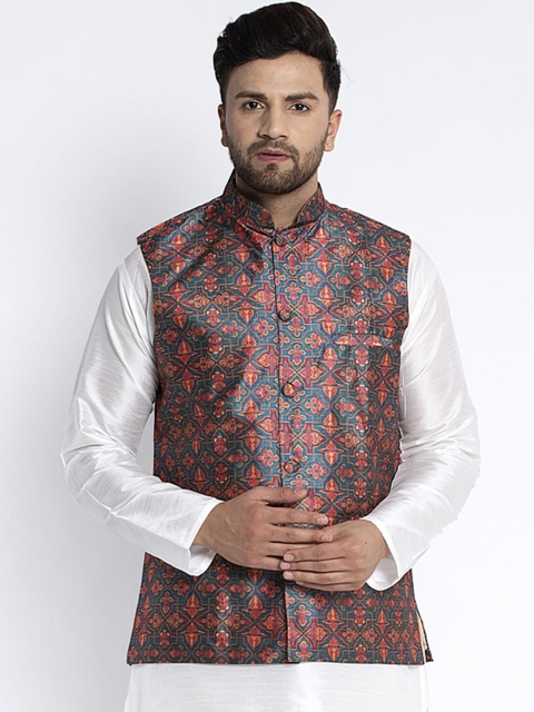 

Benstoke Men Teal Green & Maroon Woven Ethnic Print Nehru Jacket