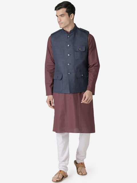 

TABARD Men Maroon & Navy Blue Solid Kurta with Churidar & Nehru Jacket