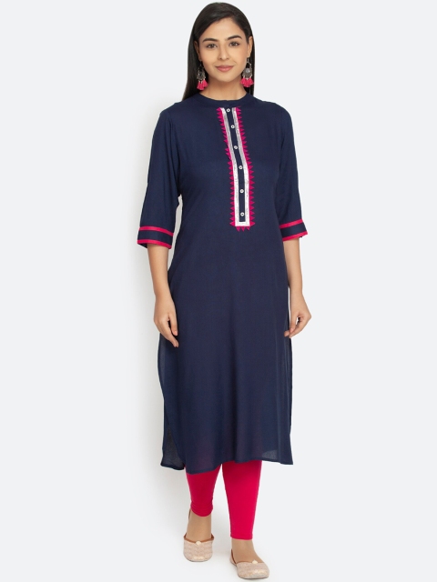 

Paislei Women Navy Blue Yoke Design Straight Kurta