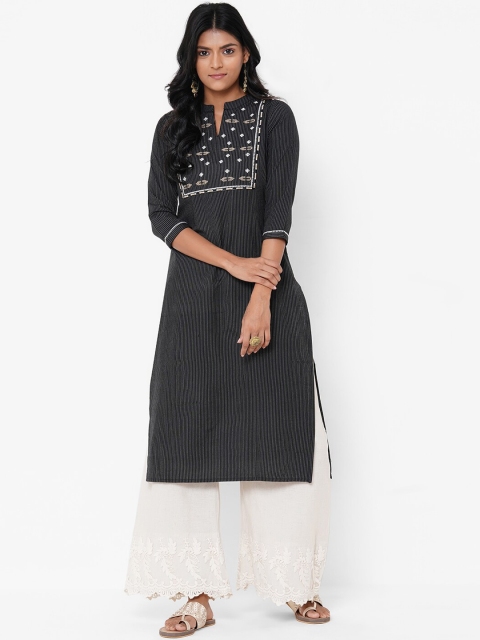 

FASHOR Women Black Striped Straight Kurta