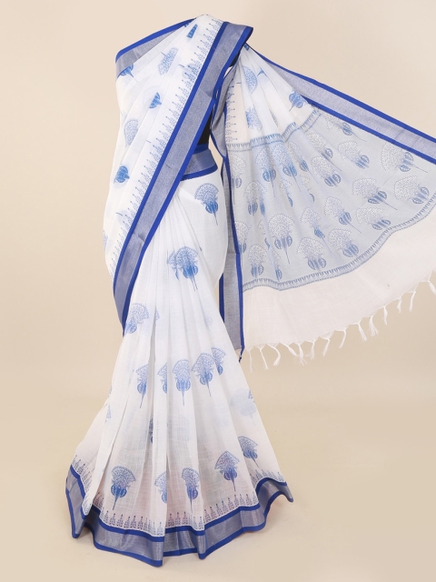 

Pothys White & Blue Pure Cotton Printed Saree with Jhalar Pallu