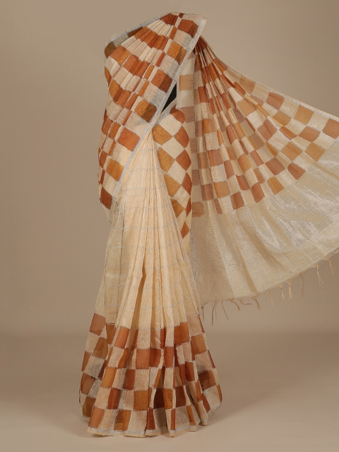 

Pothys Cream-Coloured & Brown Pure Linen Checked Saree