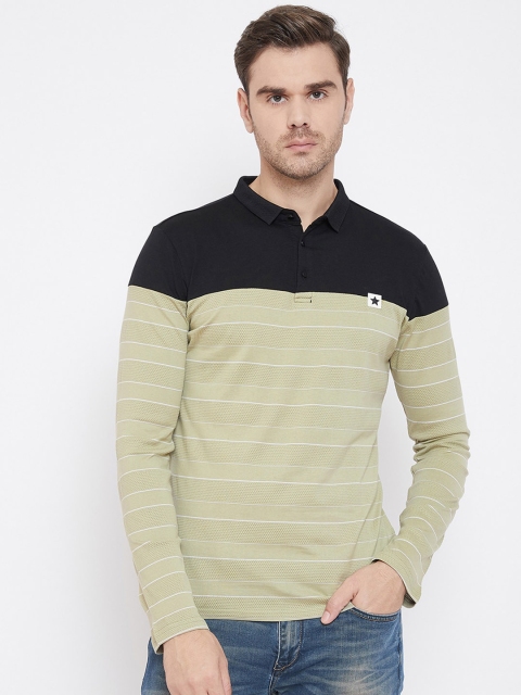 

QUBIC Men Green Striped Mandarin Collar T-shirt