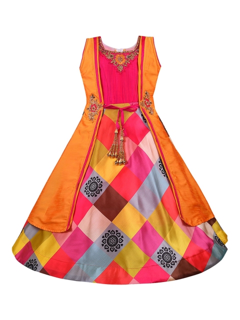 

Wish Karo Girls Orange Checked Maxi Dress