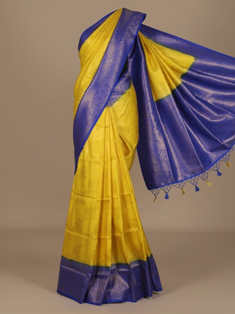 

Pothys Yellow & Blue Jute Silk Solid Saree