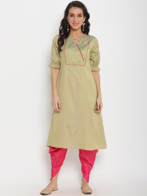 

Abhishti Women Khaki & Pink Yoke Design Kurta with Dhoti Pants