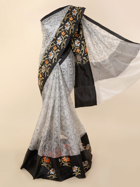 

Pothys Silver-Toned Printed Tissue Saree
