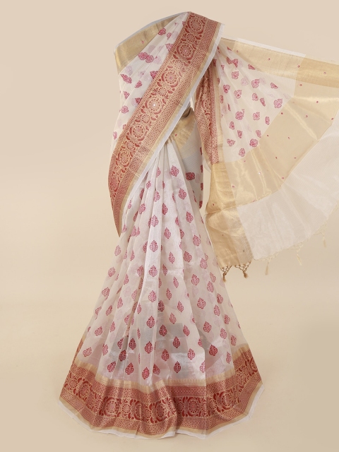 

Pothys Cream-Coloured Printed Tissue Saree with Jhalar Pallu
