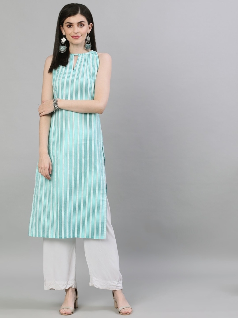 

Nayo Women Sea Green & White Striped Straight Kurta