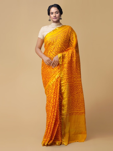 

Unnati Silks Yellow Pure Chiffon Printed Handloom Bandhani Saree