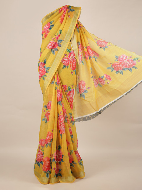 

Pothys Yellow & Pink Linen Blend Floral Printed Saree