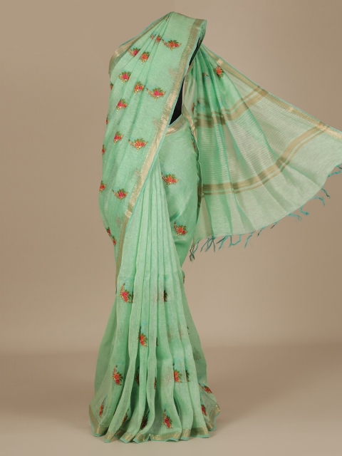 

Pothys Green Embellished Pure Linen Saree