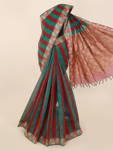 

Pothys Green & Maroon Pure Cotton Striped Saree with Jhalar Pallu