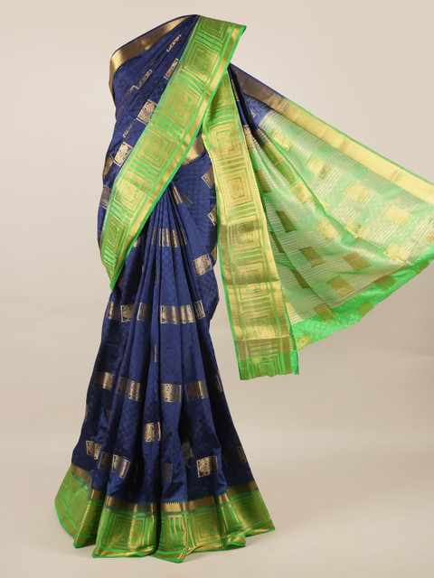 

Pothys Navy Blue & Green Jute Silk Woven Design Saree with Zari Border