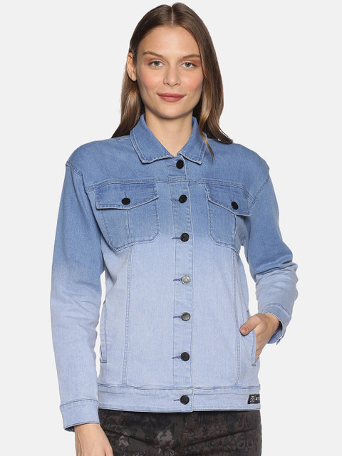 

KULTPRIT Women Blue Checked Denim Jacket