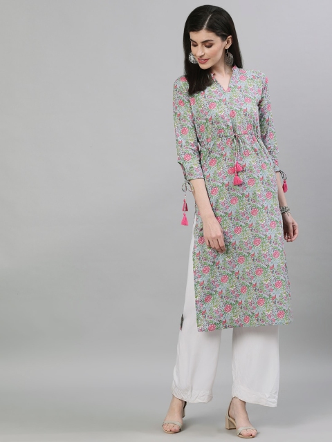 

Nayo Women Grey & Pink Floral Printed Cotton Straight Kurta