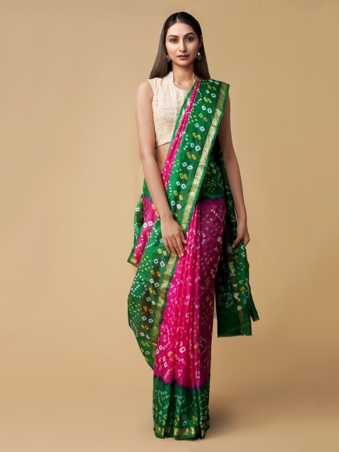 

Unnati Silks Pink & Green Pure Silk Dyed Handloom Bandhani Saree