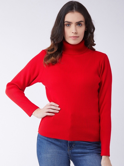 

RVK Women Red Ribbed Pullover Turtle Neck Sweater