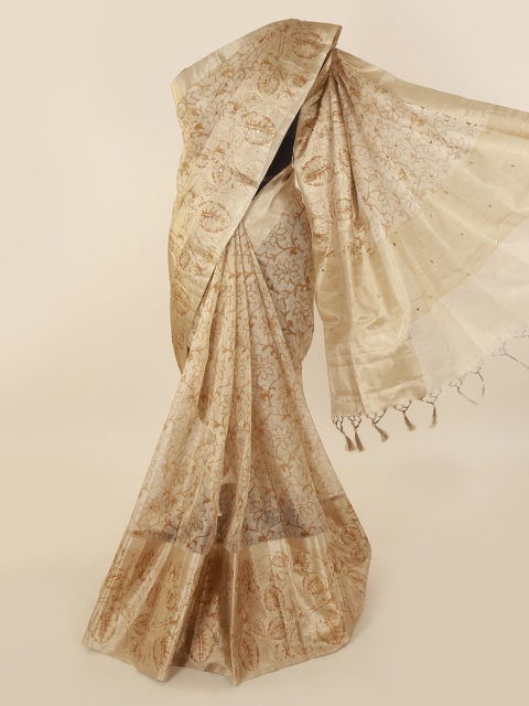 

Pothys Gold-Toned Printed Tissue Saree with Jhalar Pallu
