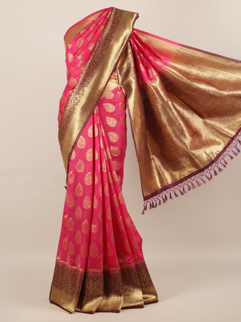 

Pothys Pink & Gold-Toned Jute Silk Woven Design Saree with Zari Border