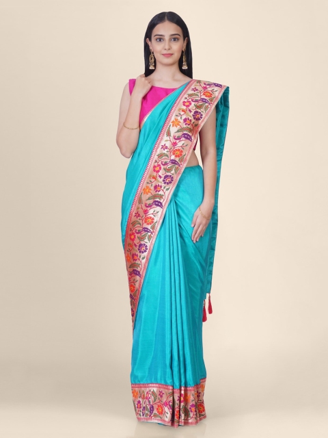 

Hastakala Turquoise Blue & Pink Poly Silk Woven Design Tussar Saree
