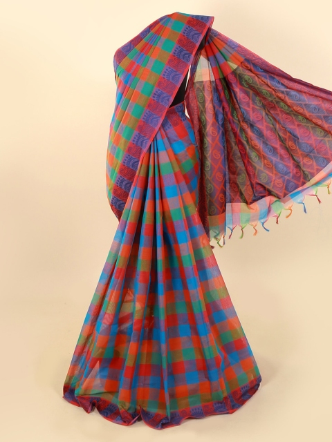

Pothys Multicoloured Checked Pure Cotton Saree with Jhalar Pallu, Multi