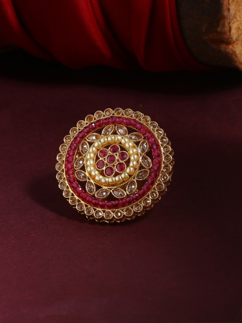 

Voylla Gold-Plated & Pink Faux Pearl Kundan Studded Statement Adjustable Finger Ring