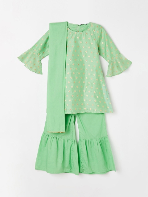 

Melange by Lifestyle Girls Green Self Design Kurti with Sharara & Dupatta