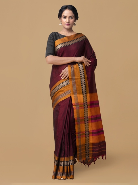 

Unnati Silks Maroon Pure Cotton Solid Handloom Narayan Peth Saree