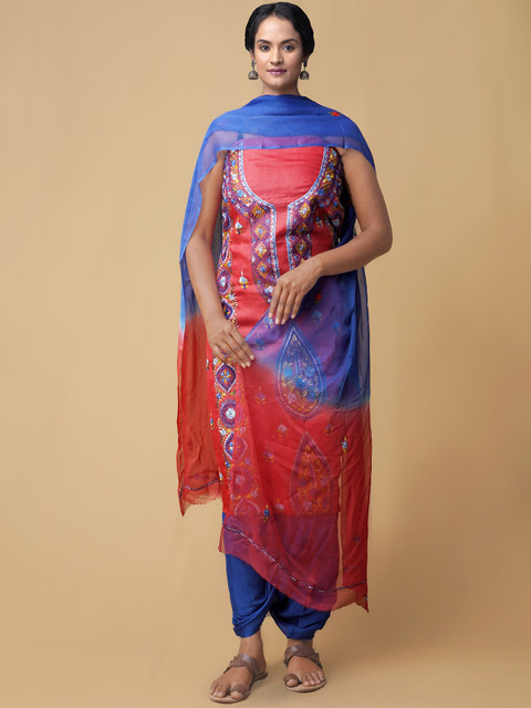 

Unnati Silks Women Red & Blue Embroidered Unstitched Dress Materials