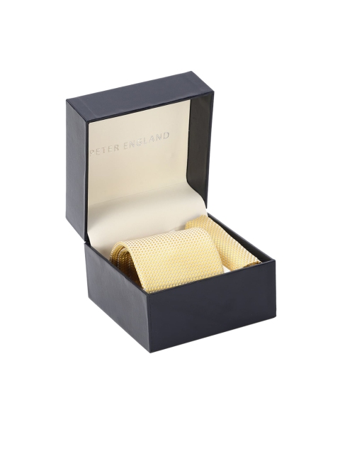

Peter England Yellow Woven Design Broad Tie & Pocket Square