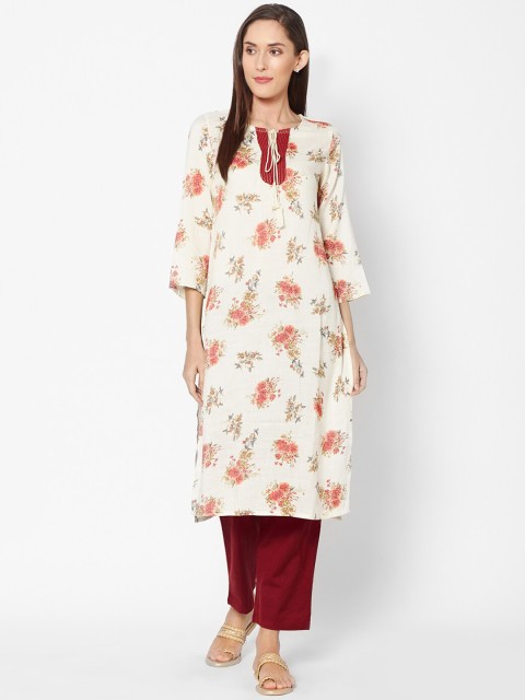 

Fusion Beats Women White & Red Printed Straight Kurta
