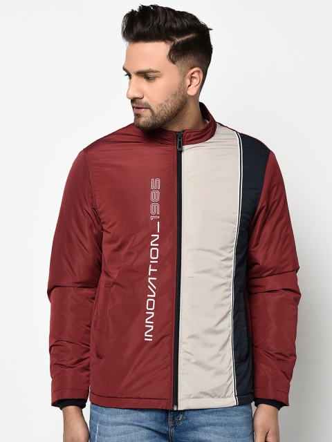 

METTLE Men Maroon & Cream-Coloured Colourblocked Puffer Jacket
