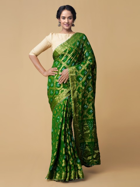 

Unnati Silks Green Pure Chiffon Dyed Bandhani Saree