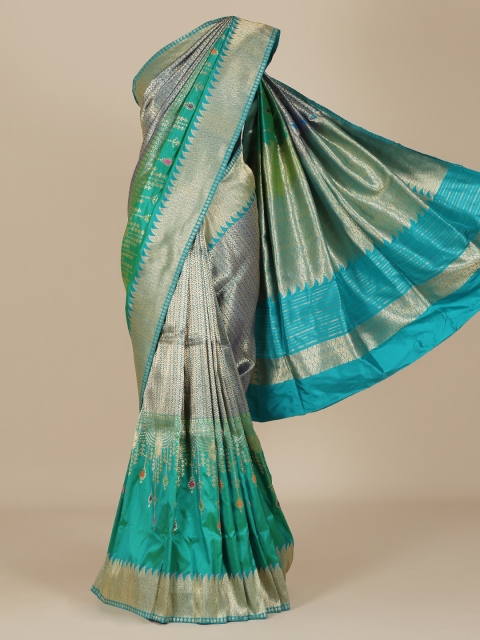 

Pothys Green & Gold-Toned Jute Silk Woven Design Saree with Zari Border