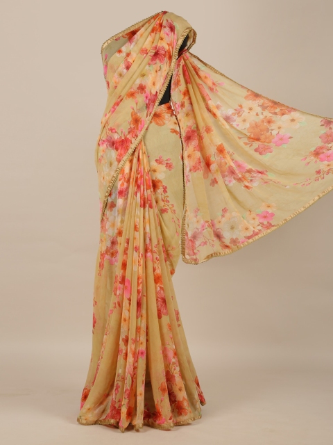 

Pothys Peach-Coloured Printed Poly Chiffon Saree with Piping Border Work