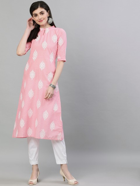 

Nayo Women Pink & White Printed Straight Kurta