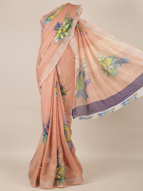 

Pothys Peach-Coloured Printed Linen Blend Saree