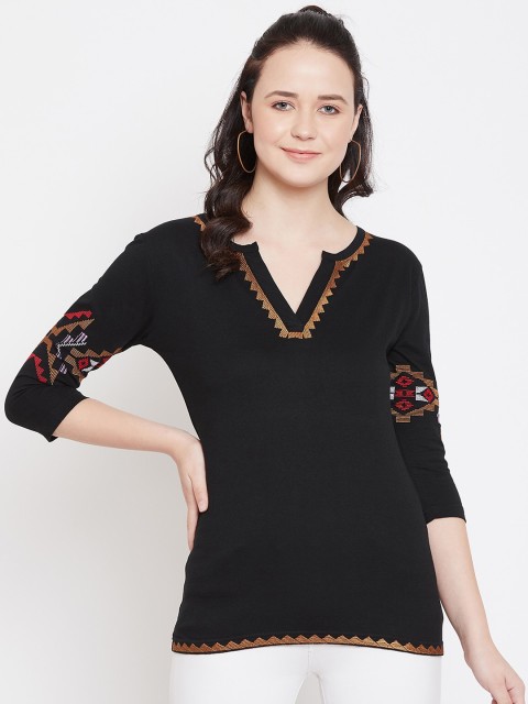 

Hypernation Women Black Solid V-Neck T-shirt