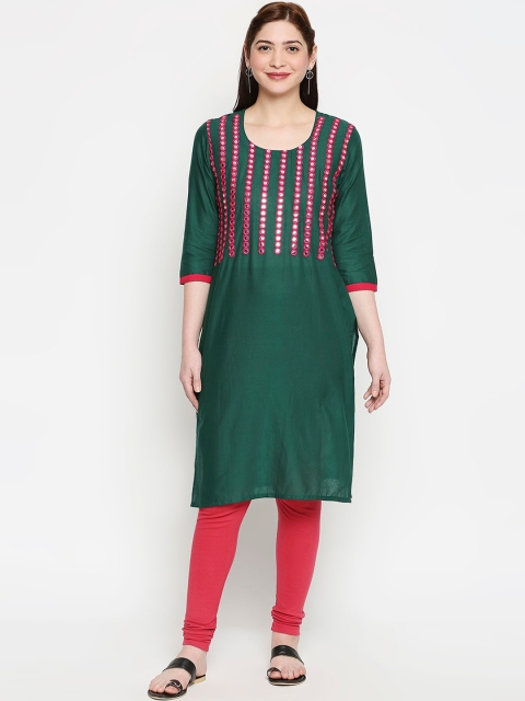 ZRI Women Green & Multicoloured Yoke Design Straight Kurta
